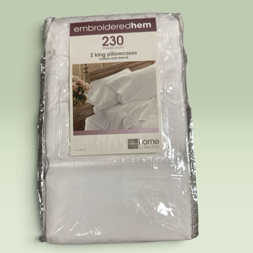 Vintage Home Collection Felicity Embroidered Hem King Pillowcases 230 TC White - Picture 2 of 5